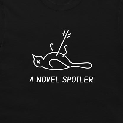 Close-up of the white mockingbird and arrow graphic with “A NOVEL SPOILER” text on a black T-shirt.