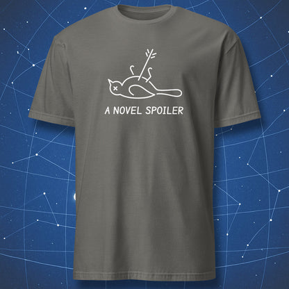 Charcoal A Novel Spoiler literary T-shirt featuring a white dead mockingbird illustration with an arrow.