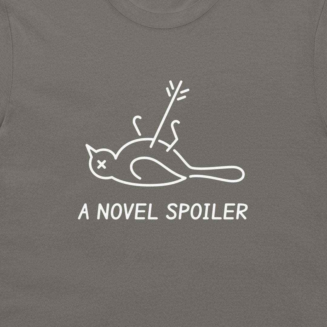 Close-up of the white mockingbird and arrow line art above “A NOVEL SPOILER” lettering on charcoal fabric.