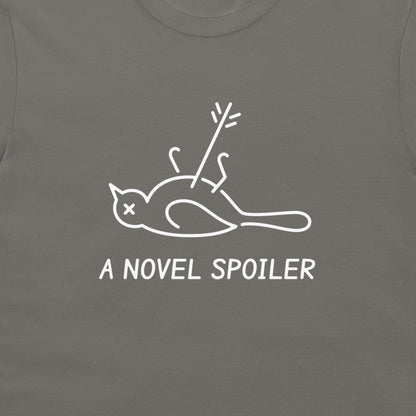 Close-up of the white mockingbird and arrow line art above “A NOVEL SPOILER” lettering on charcoal fabric.