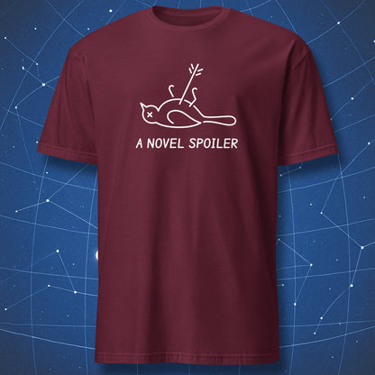 Maroon A Novel Spoiler T-shirt showing a white mockingbird and arrow illustration above the literary pun.