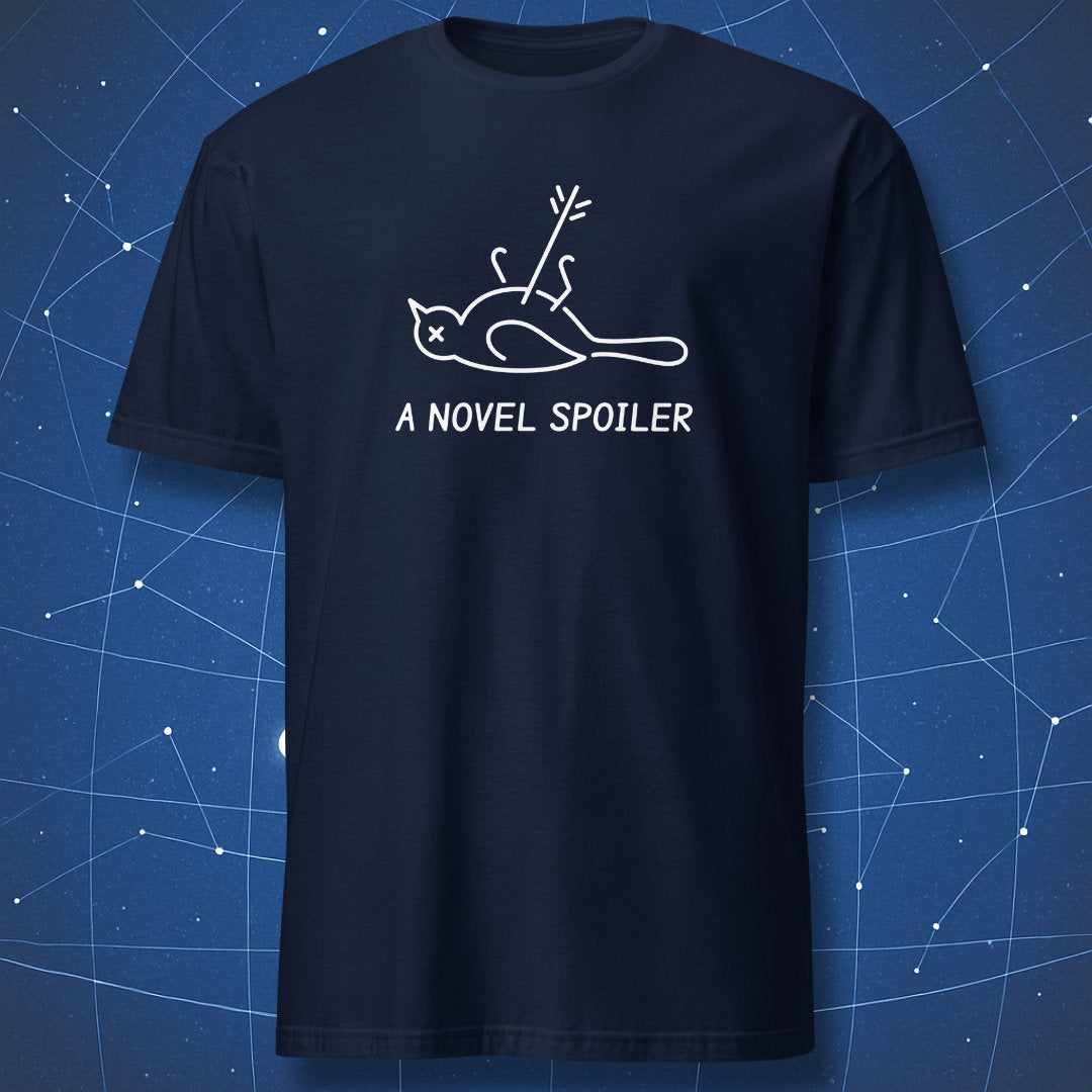 Navy A Novel Spoiler literary T-shirt with a white outline of a belly-up mockingbird pierced by an arrow.