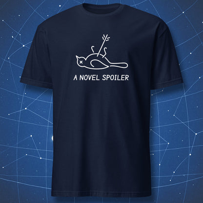 Navy A Novel Spoiler literary T-shirt with a white outline of a belly-up mockingbird pierced by an arrow.
