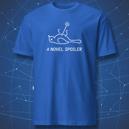 Royal blue A Novel Spoiler book lover T-shirt with a white line drawing of a mockingbird pierced by an arrow.
