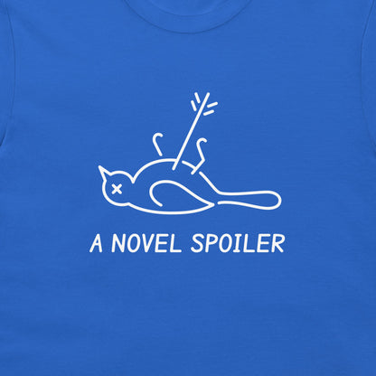 Close-up of the white belly-up bird, arrow, and “A NOVEL SPOILER” text on a royal blue T-shirt.