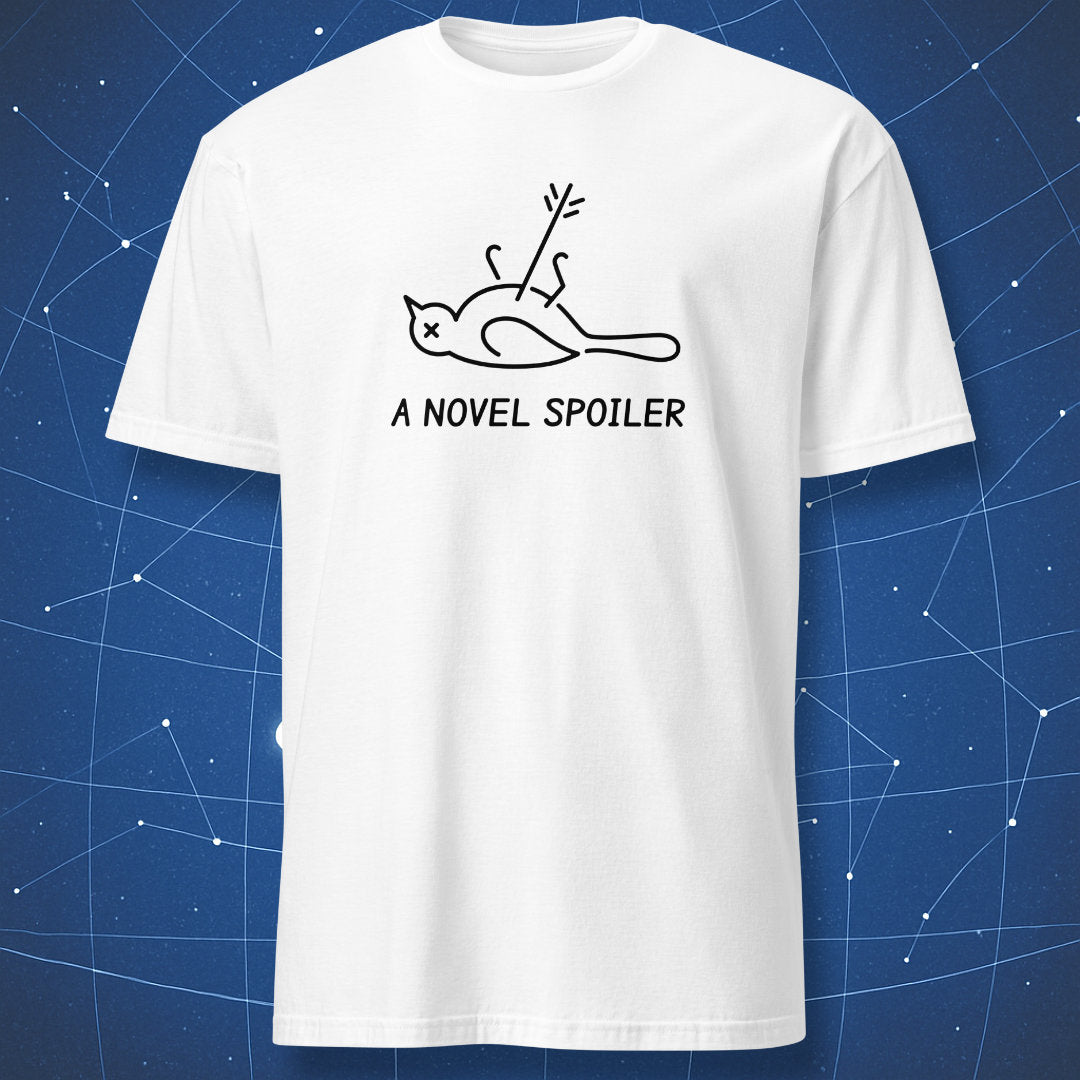 White A Novel Spoiler T-shirt featuring a black outline of a dead mockingbird with an arrow through its belly.