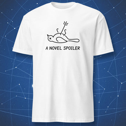 White A Novel Spoiler T-shirt featuring a black outline of a dead mockingbird with an arrow through its belly.