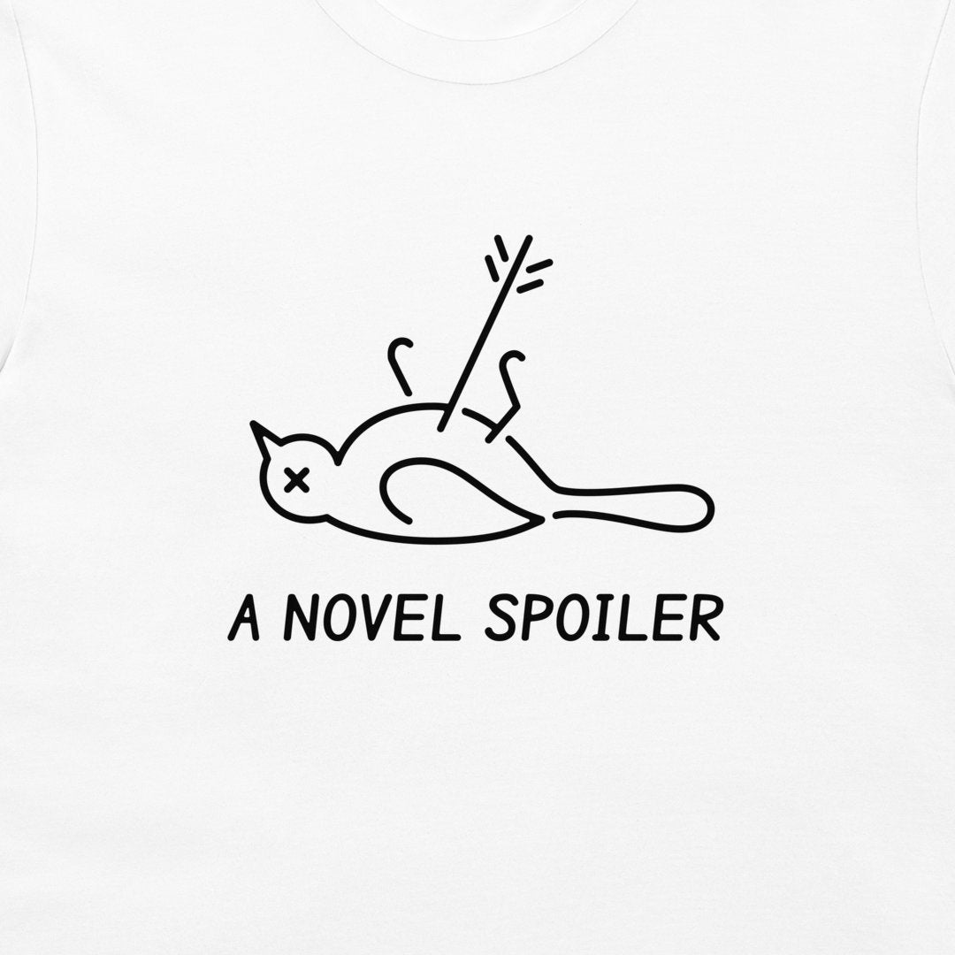 Close-up of the black mockingbird with an X eye, an arrow, and “A NOVEL SPOILER” caption on a white T-shirt.