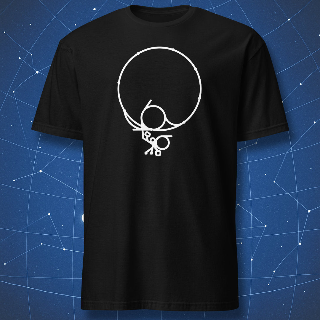 Black T-shirt featuring a minimalist white line diagram of CERN’s Large Hadron Collider — elegant particle physics design.
