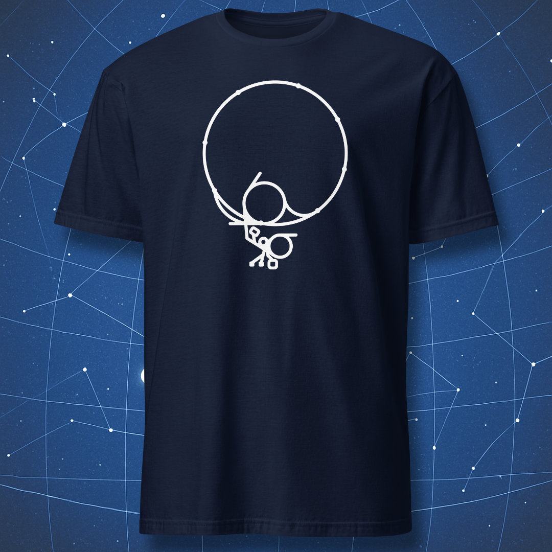 Navy T-shirt with minimalist chalk-style white circle design inspired by CERN’s particle accelerator — subtle science tee.