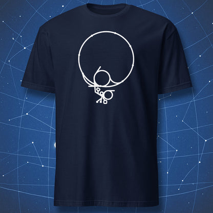 Navy T-shirt with minimalist chalk-style white circle design inspired by CERN’s particle accelerator — subtle science tee.