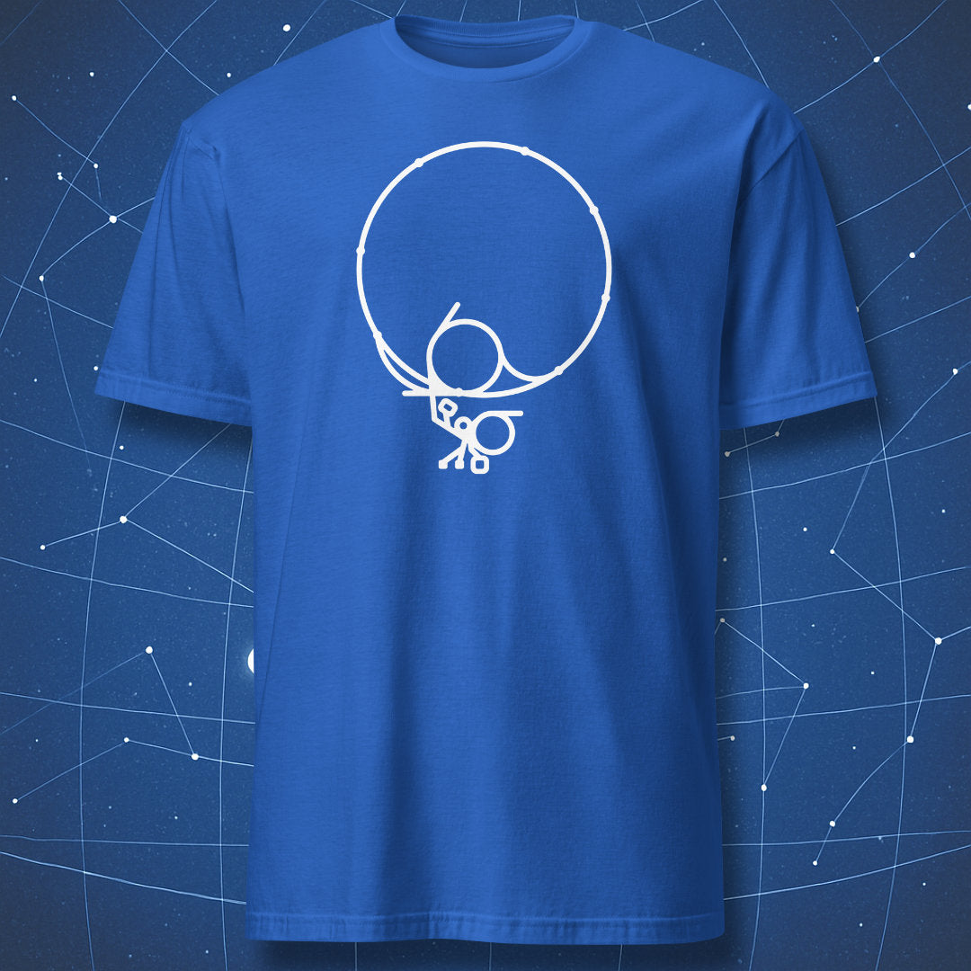 Black T-shirt featuring a minimalist white line diagram of CERN’s Large Hadron Collider — elegant particle physics design.