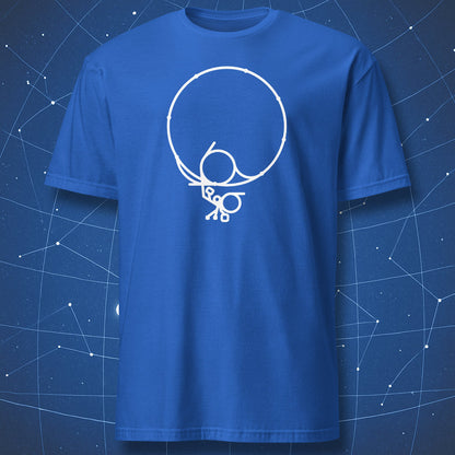 Black T-shirt featuring a minimalist white line diagram of CERN’s Large Hadron Collider — elegant particle physics design.
