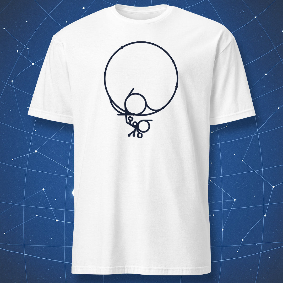 White T-shirt with minimalist black line diagram of the CERN Large Hadron Collider — clean science-themed design.