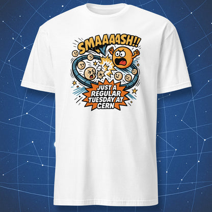White T-shirt with playful cartoon atoms colliding and text “SMAAASH!! Just a regular Tuesday at CERN” — nerdy science humor tee.