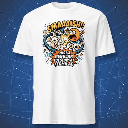 White T-shirt with bold cartoon-style atoms smashing together and text “SMAAASH!! Just a regular Tuesday at Fermilab” — funny science geek gift.