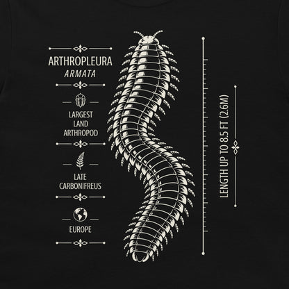 Black T-shirt detail showing Arthropleura armata illustration, facts and length scale