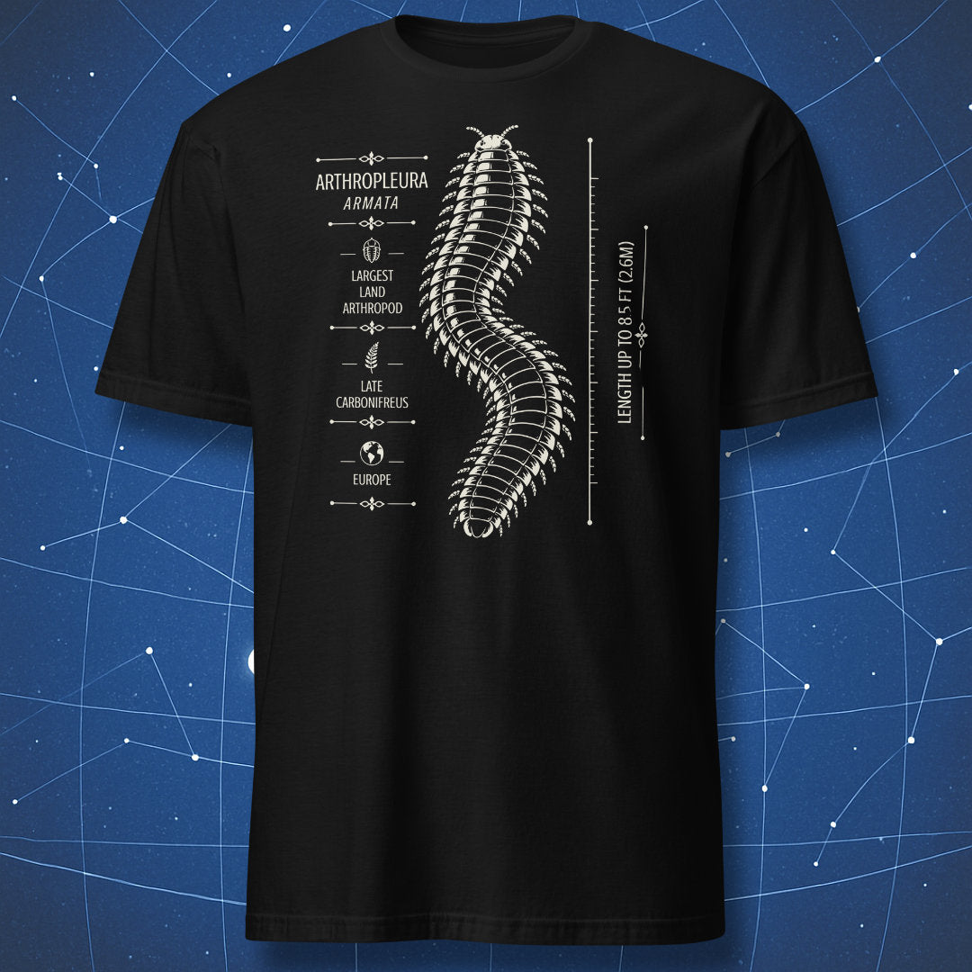 Black T-shirt with Arthropleura armata prehistoric arthropod scientific design by Dork Matter