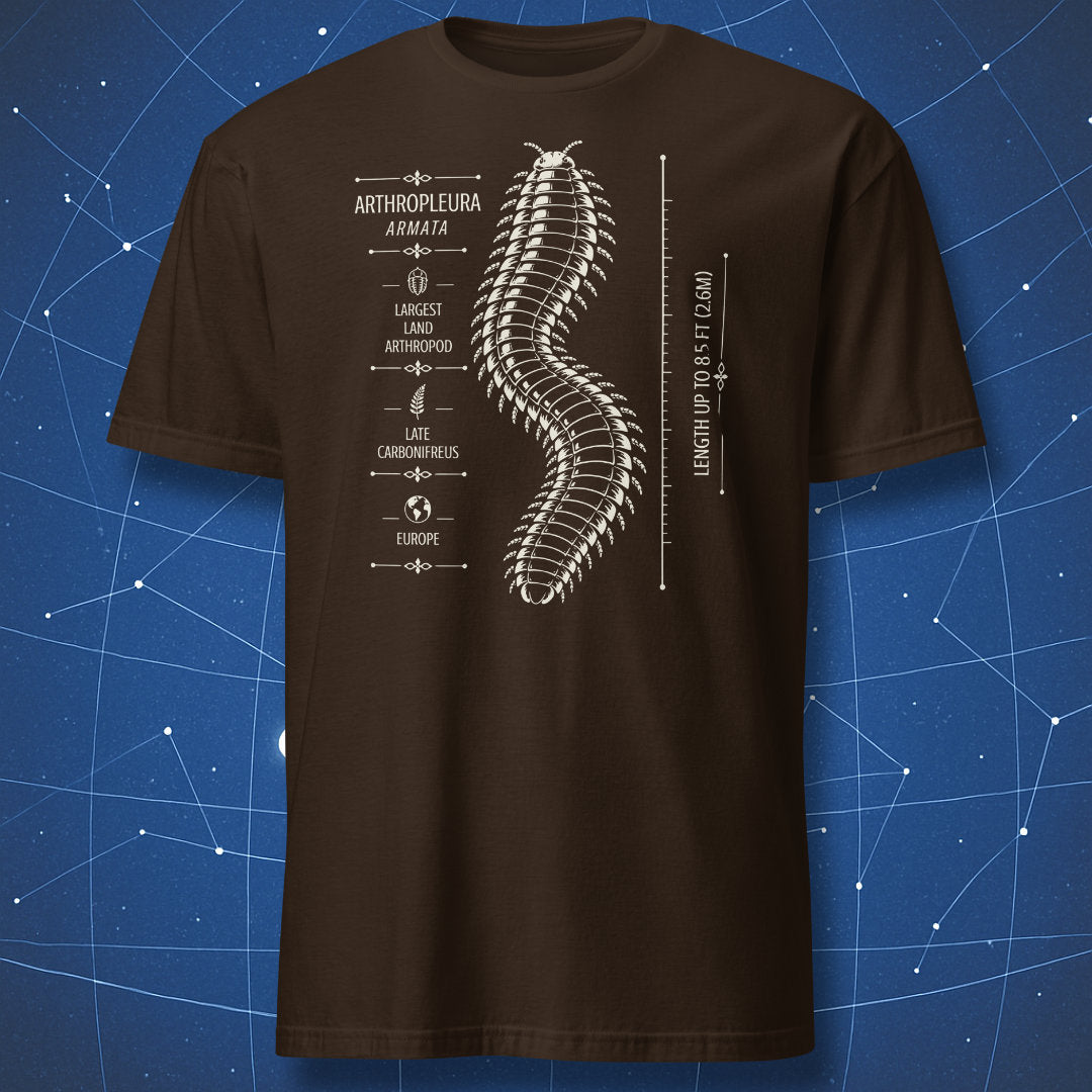 Dark chocolate T-shirt with Arthropleura armata prehistoric science design by Dork Matter