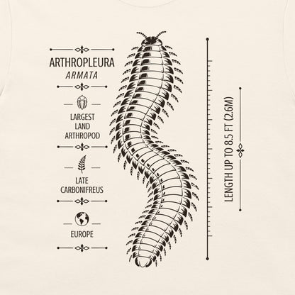 Natural T-shirt detail showing Arthropleura armata specimen-style prehistoric design