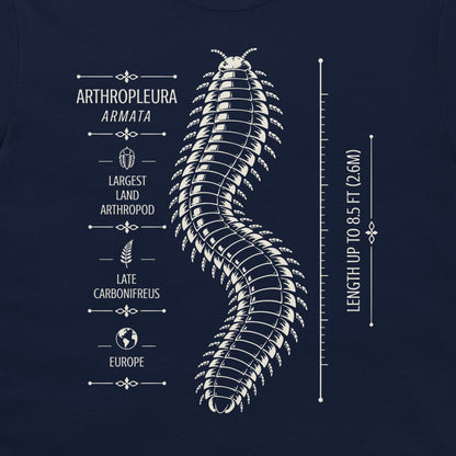 Navy T-shirt detail showing Arthropleura armata, Carboniferous facts and length scale