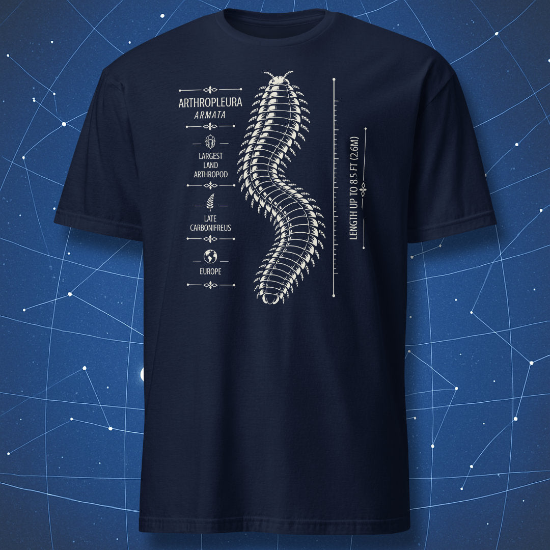 Navy T-shirt with Arthropleura armata prehistoric arthropod design by Dork Matter