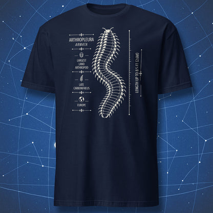 Navy T-shirt with Arthropleura armata prehistoric arthropod design by Dork Matter
