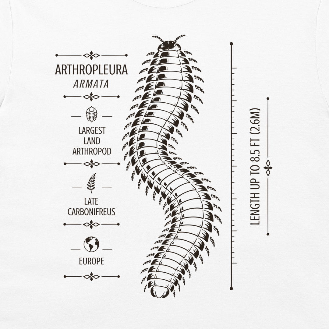 White T-shirt detail showing Arthropleura armata scientific design with 8.5 ft scale