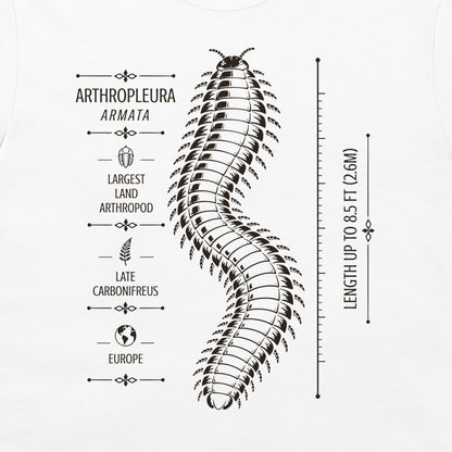 White T-shirt detail showing Arthropleura armata scientific design with 8.5 ft scale