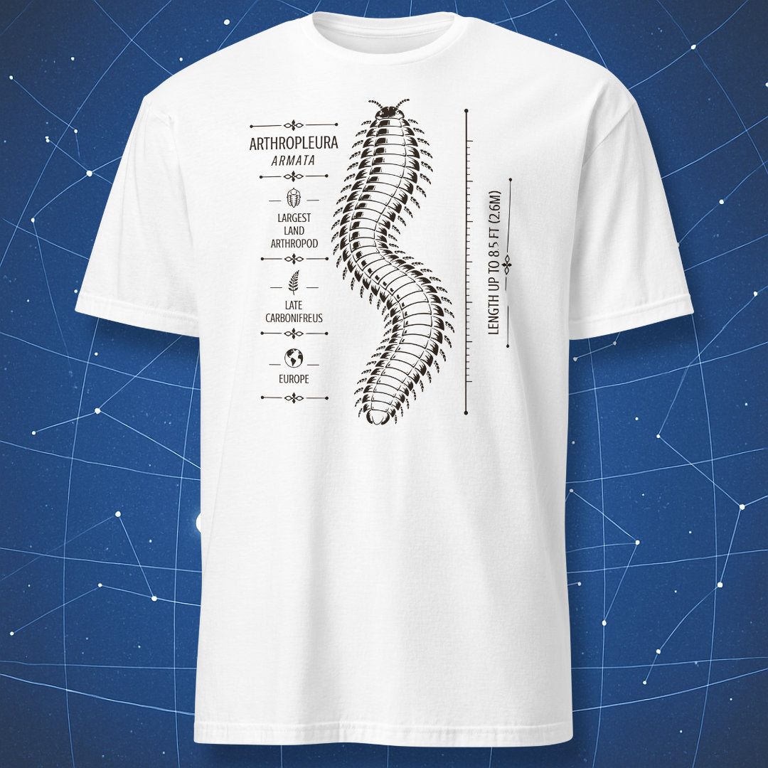 White T-shirt with Arthropleura armata prehistoric arthropod illustration by Dork Matter