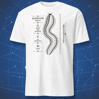 White T-shirt with Arthropleura armata prehistoric arthropod illustration by Dork Matter