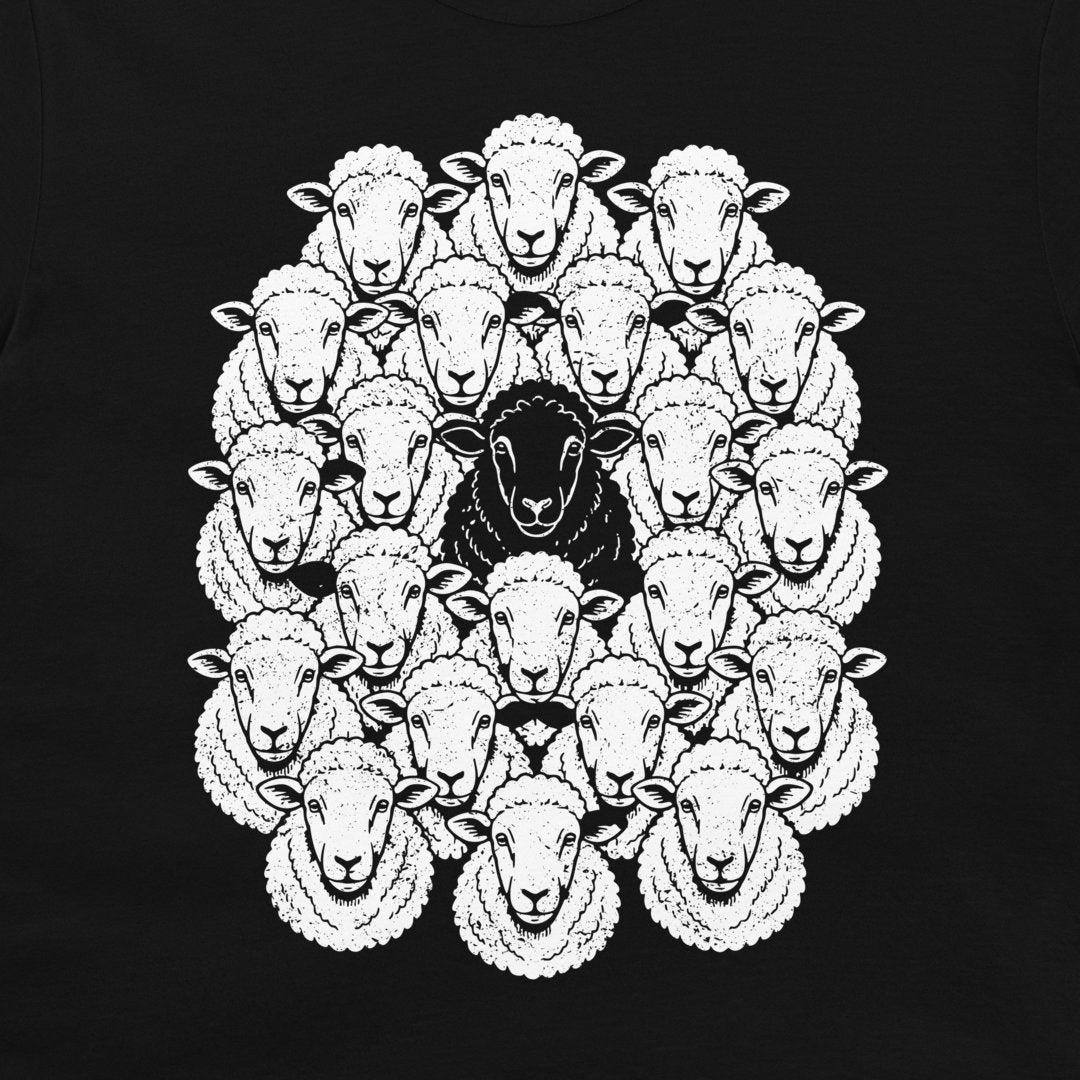 Close-up of the vintage Black Sheep design with one dark sheep standing out from the flock