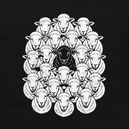 Close-up of the vintage Black Sheep design with one dark sheep standing out from the flock