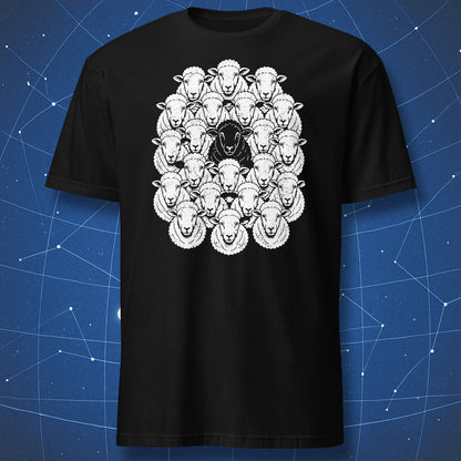 Black Sheep T-shirt in black featuring one black sheep surrounded by a flock of white sheep
