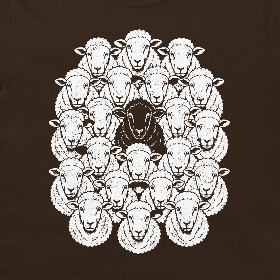 chocolate-detail
Close-up of the Black Sheep flock design printed on a dark chocolate T-shirt
