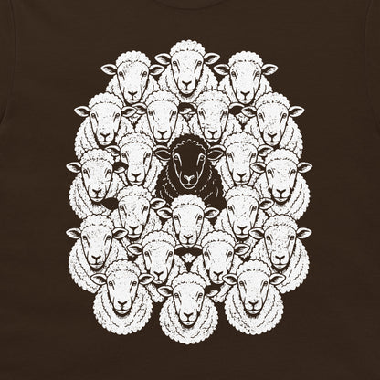 chocolate-detail
Close-up of the Black Sheep flock design printed on a dark chocolate T-shirt