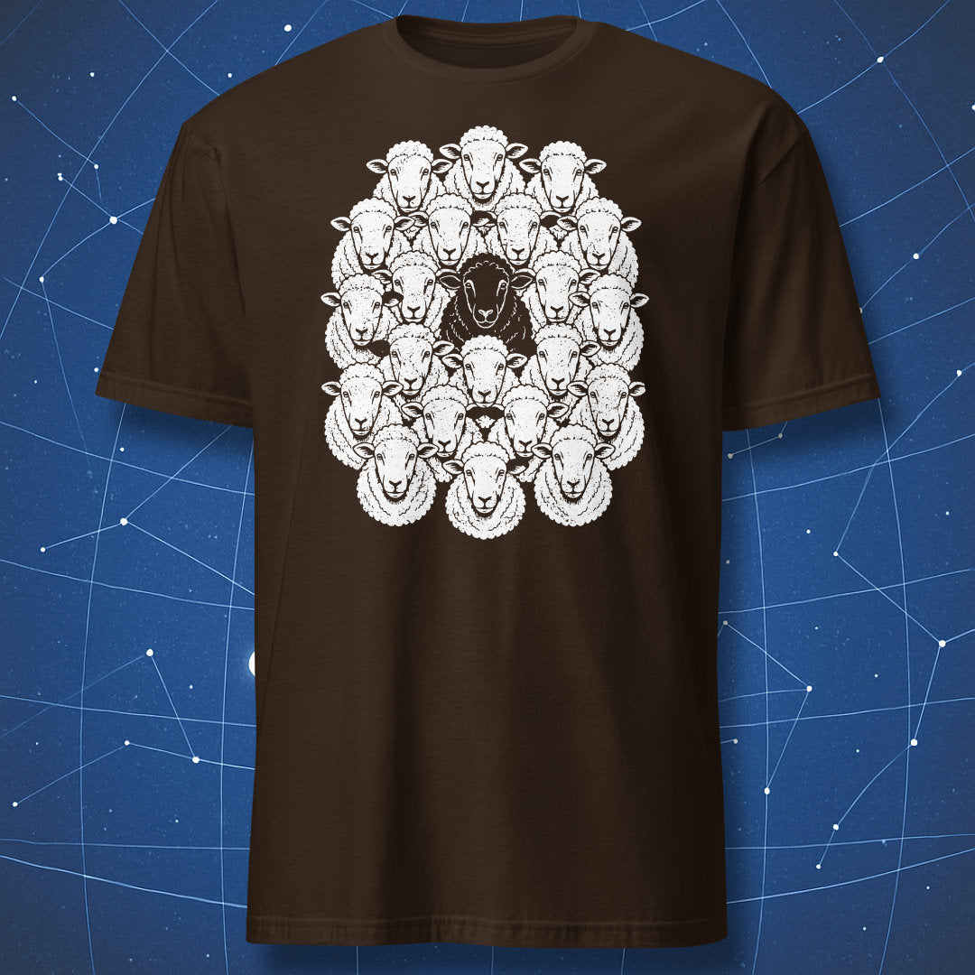 Black Sheep T-shirt in dark chocolate with a vintage flock of sheep illustration