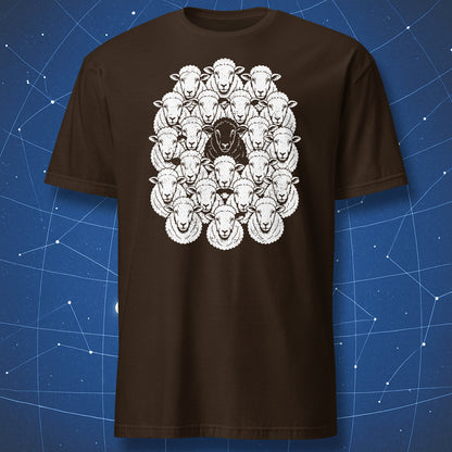 Black Sheep T-shirt in dark chocolate with a vintage flock of sheep illustration