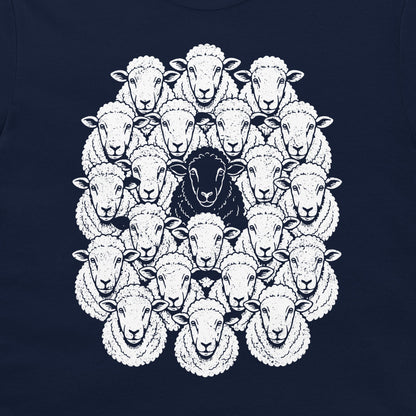 Close-up of the vintage Black Sheep illustration printed on a navy T-shirt