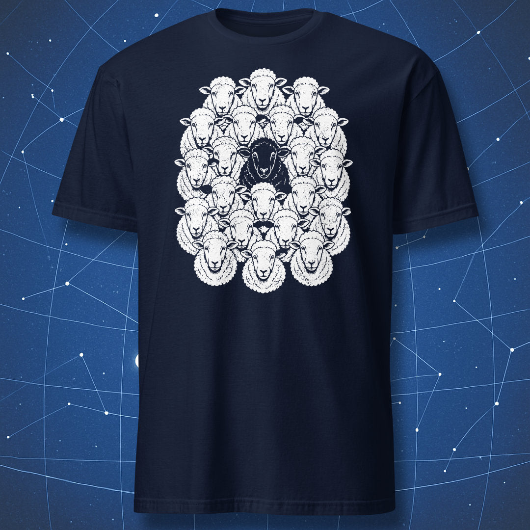 Black Sheep T-shirt in navy featuring one black sheep among a flock of white sheep