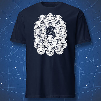 Black Sheep T-shirt in navy featuring one black sheep among a flock of white sheep
