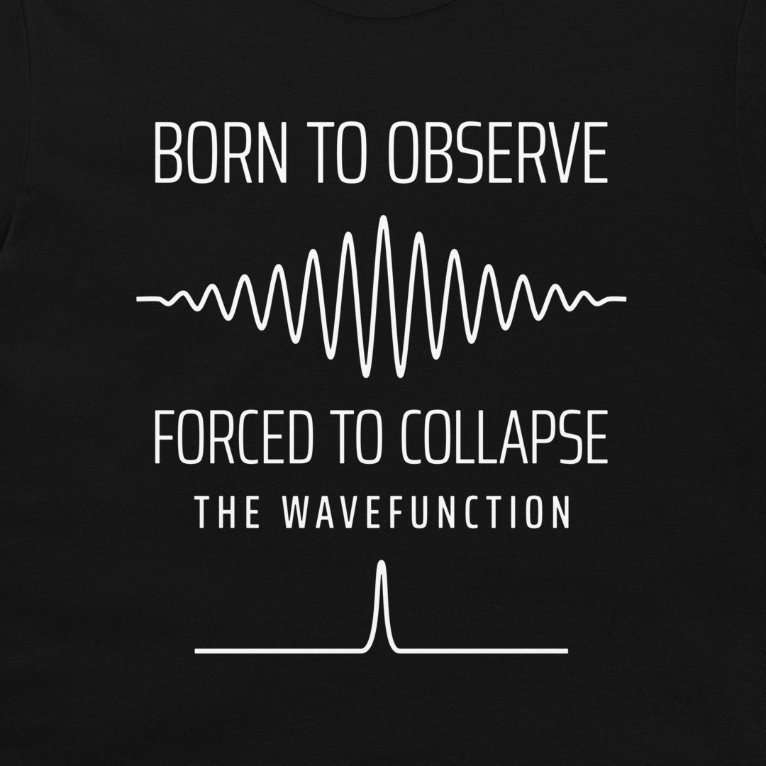 Close-up of a white wave packet and localized peak graphic on a black T-shirt