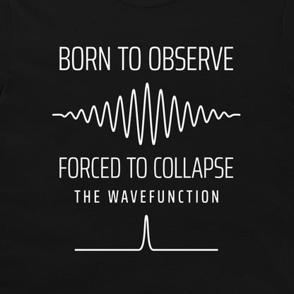 Close-up of a white wave packet and localized peak graphic on a black T-shirt