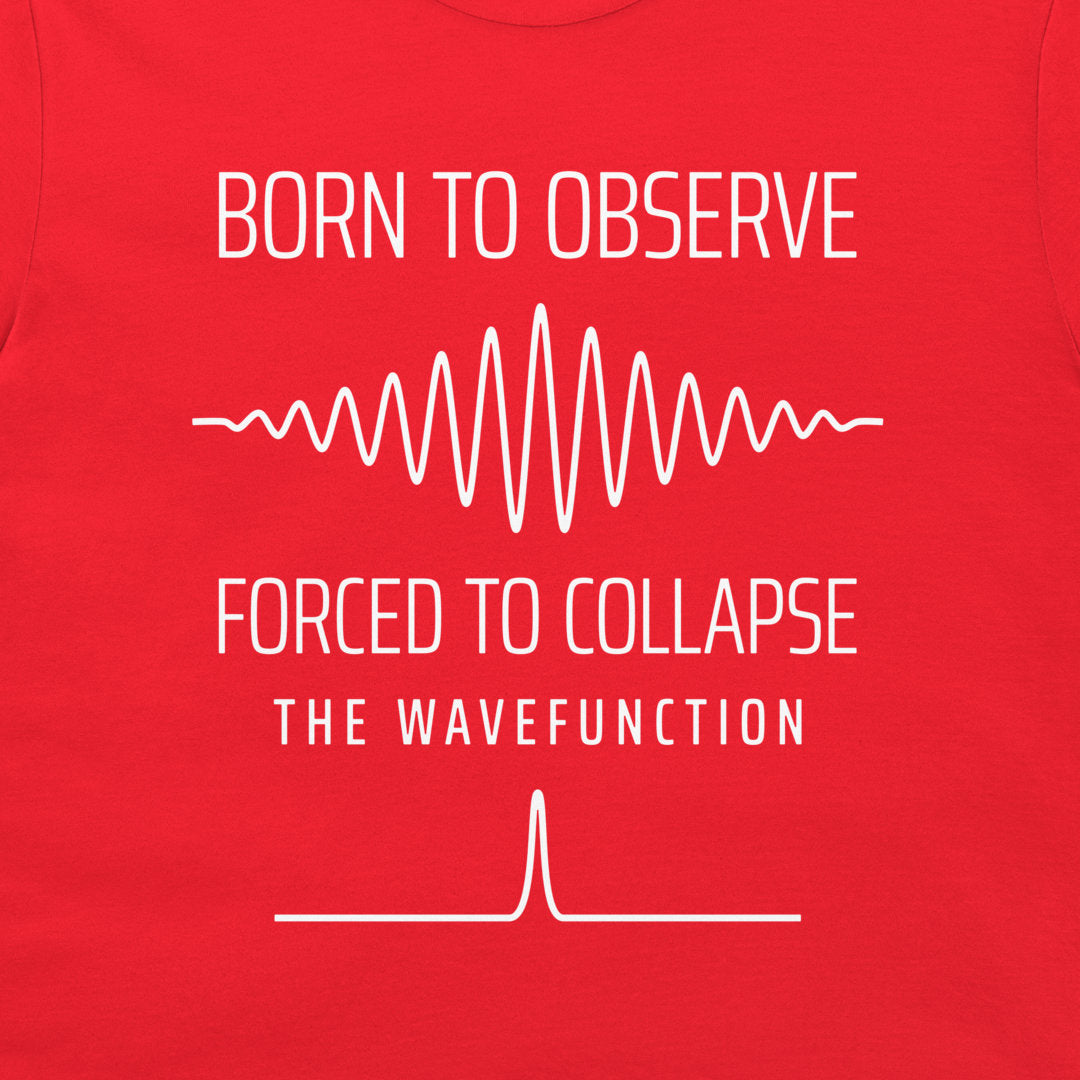 Close-up of the white wavefunction collapse graphic printed on a red T-shirt