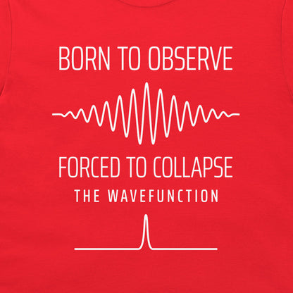 Close-up of the white wavefunction collapse graphic printed on a red T-shirt