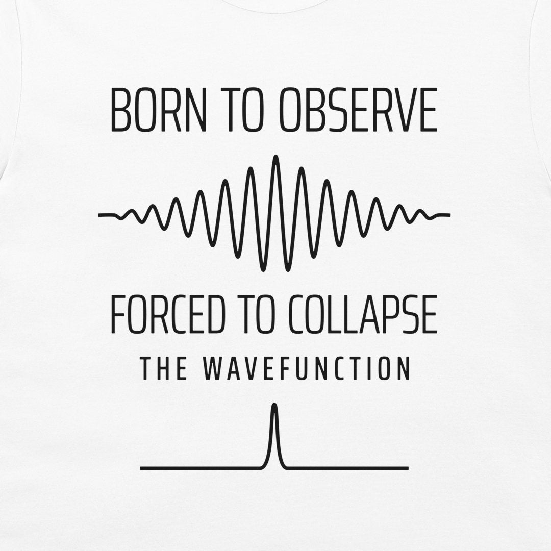 Close-up of the black quantum wave packet and collapsed state graphic on a white T-shirt