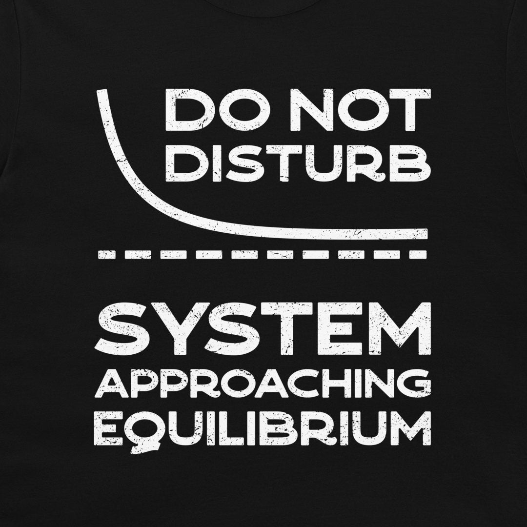 Close-up of the white Do Not Disturb equilibrium curve graphic on a black T-shirt