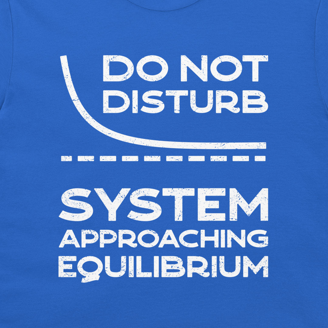 Close-up of the equilibrium relaxation curve and science joke on a royal blue T-shirt