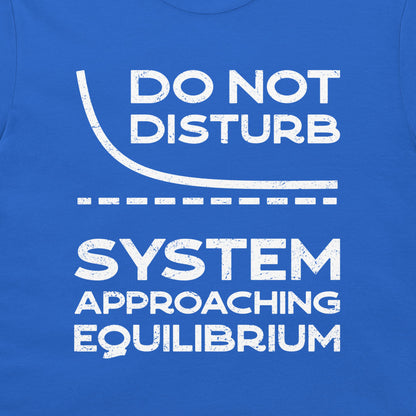 Close-up of the equilibrium relaxation curve and science joke on a royal blue T-shirt