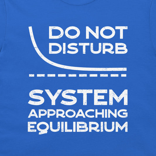 Close-up of the equilibrium relaxation curve and science joke on a royal blue T-shirt